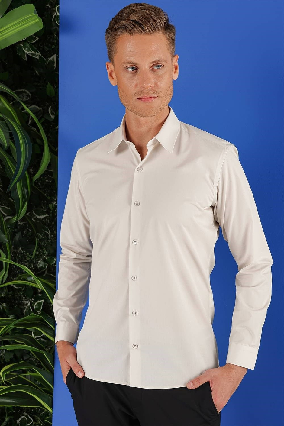 Slim Fit %100 Pamuk Kravat Yaka Taş Gömlek GK 683
