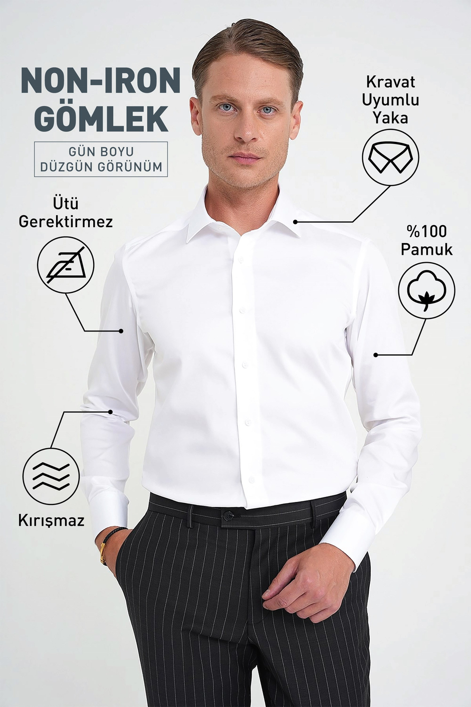 Slim Fit %100 Pamuk Non Iron Kumaş Beyaz Gömlek Gk 734