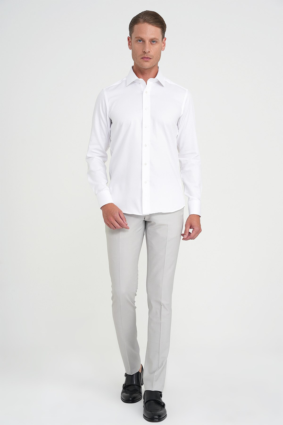 Slim Fit %100 Pamuk Non Iron Kumaş Dokulu Beyaz Gömlek Gk 744