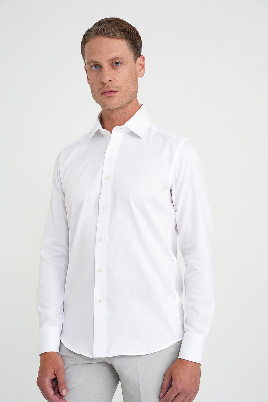 Slim Fit %100 Pamuk Non Iron Kumaş Dokulu Beyaz Gömlek Gk 744