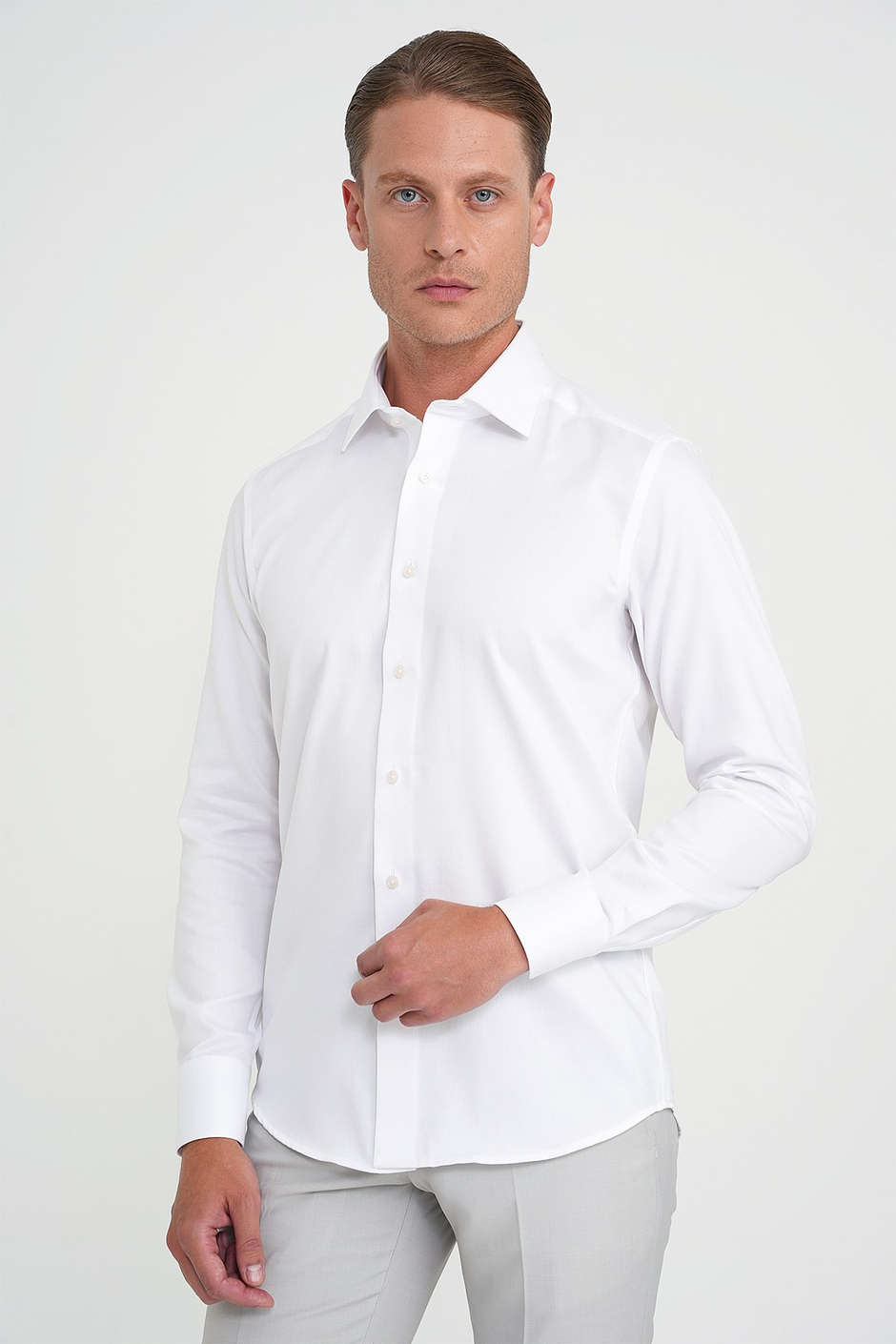 Slim Fit %100 Pamuk Non Iron Kumaş Dokulu Beyaz Gömlek Gk 744