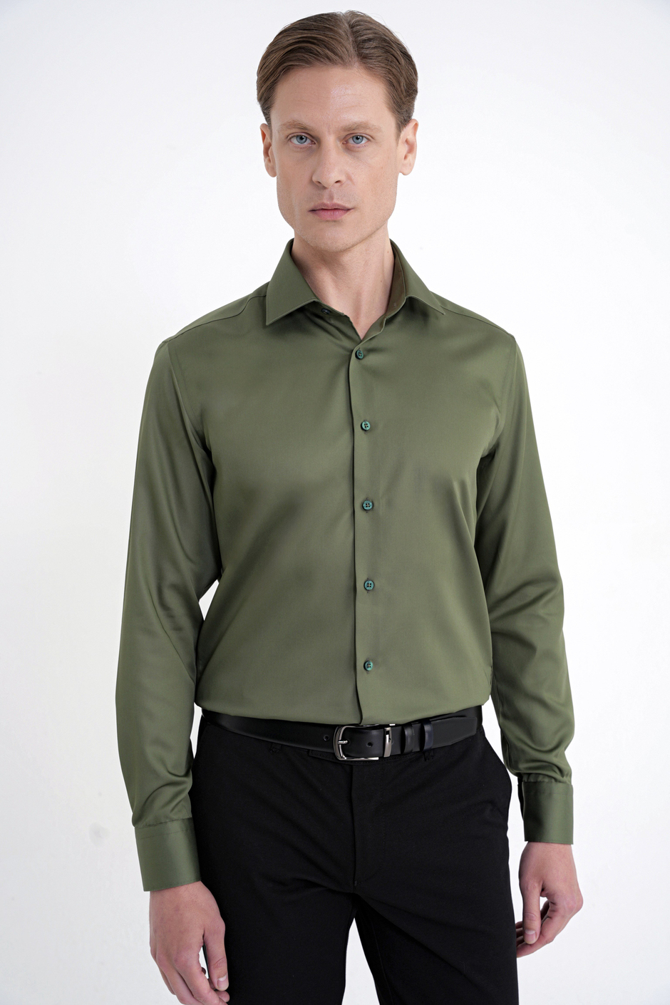 Slim Fit %100 Pamuk Non Iron Kumaş Haki Gömlek Gk 734