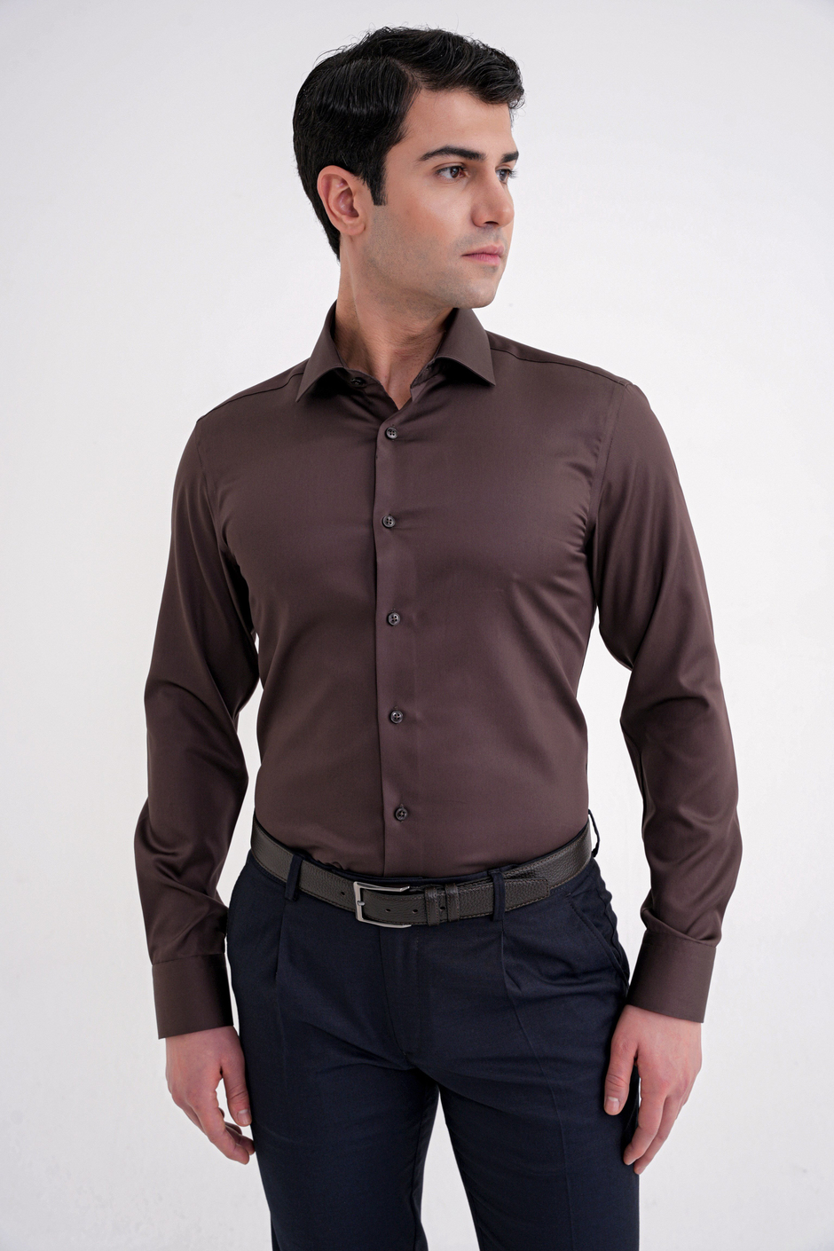 Slim Fit %100 Pamuk Non Iron Kumaş Kahverengi Gömlek Gk 734