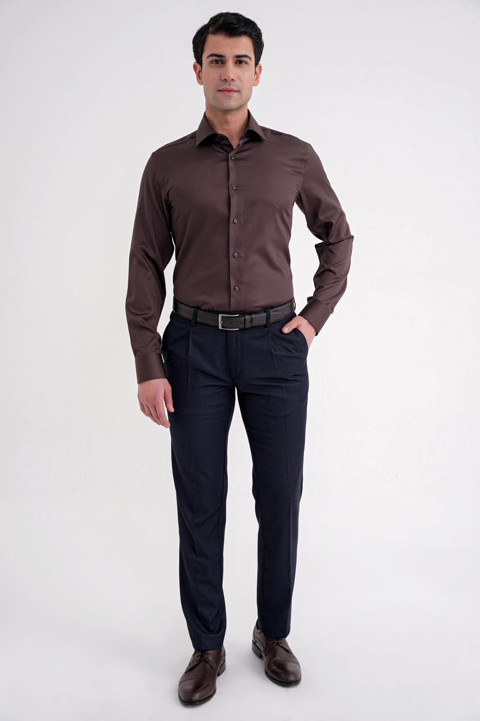 Slim Fit %100 Pamuk Non Iron Kumaş Kahverengi Gömlek Gk 734