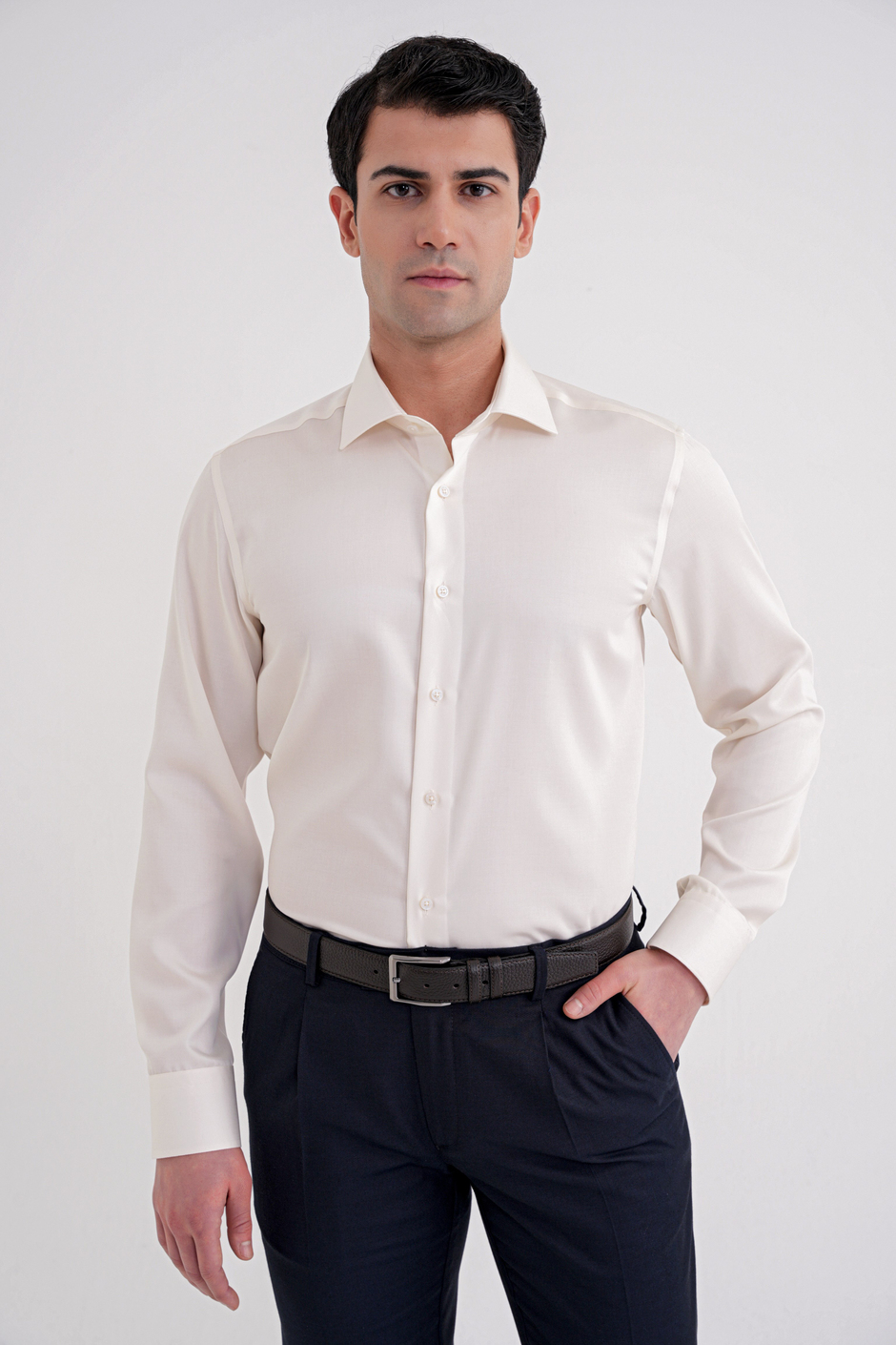 Slim Fit %100 Pamuk Non Iron Kumaş Krem Gömlek Gk 734