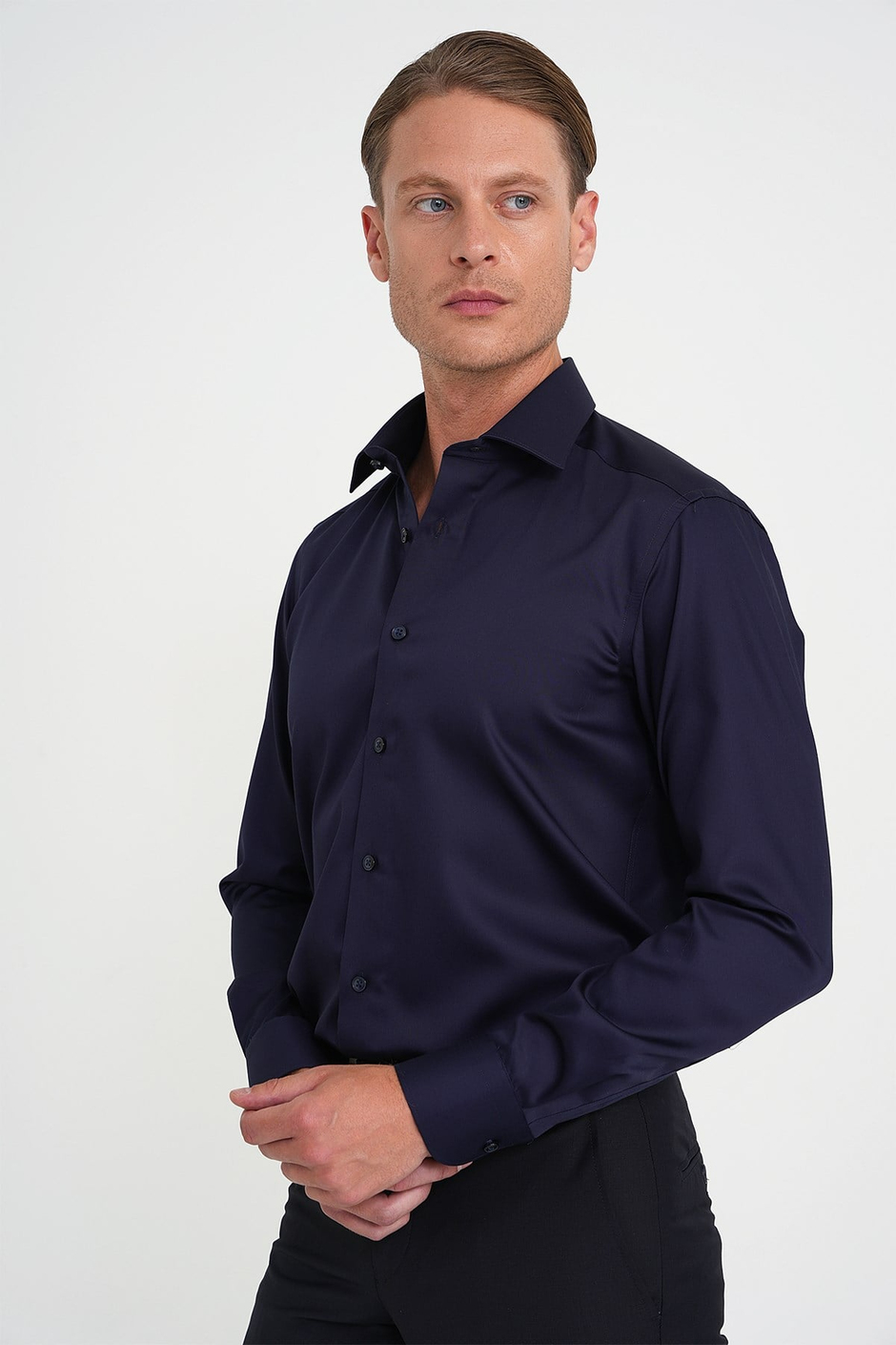 Slim Fit %100 Pamuk Non Iron Kumaş Lacivert Gömlek Gk 734
