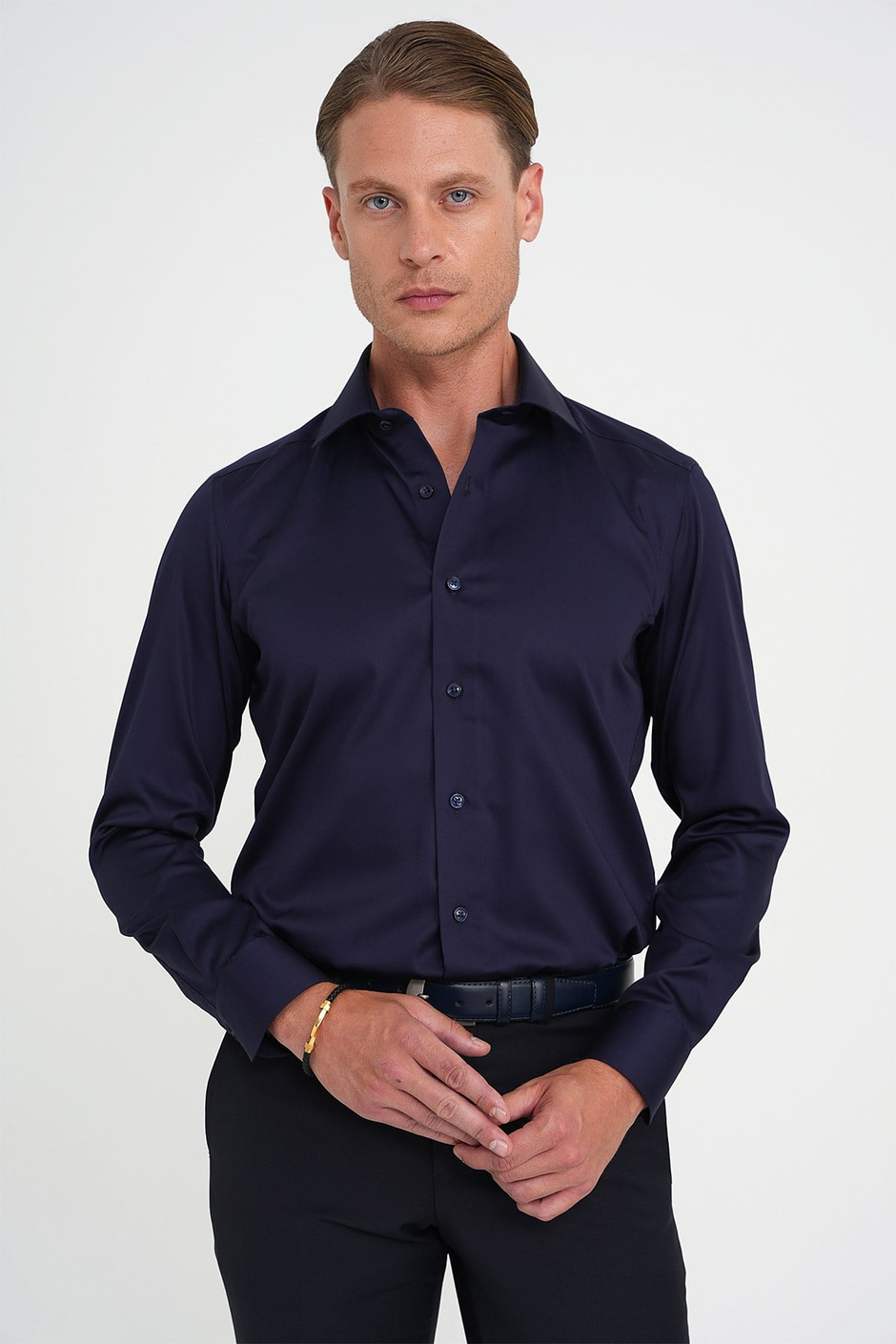 Slim Fit %100 Pamuk Non Iron Kumaş Lacivert Gömlek Gk 734