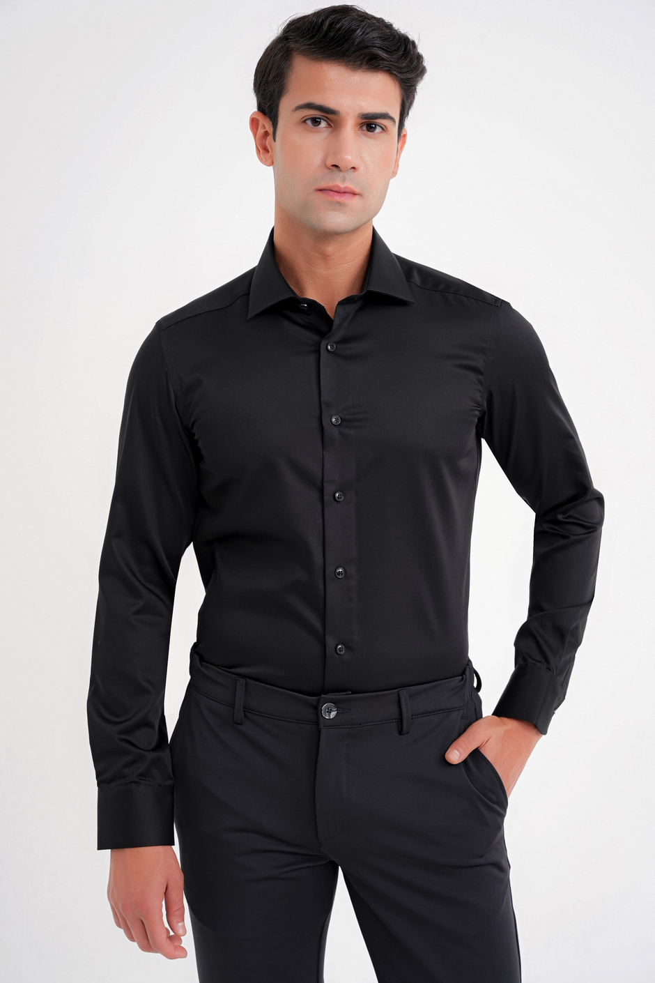 Slim Fit %100 Pamuk Non Iron Kumaş Siyah Gömlek Gk 734