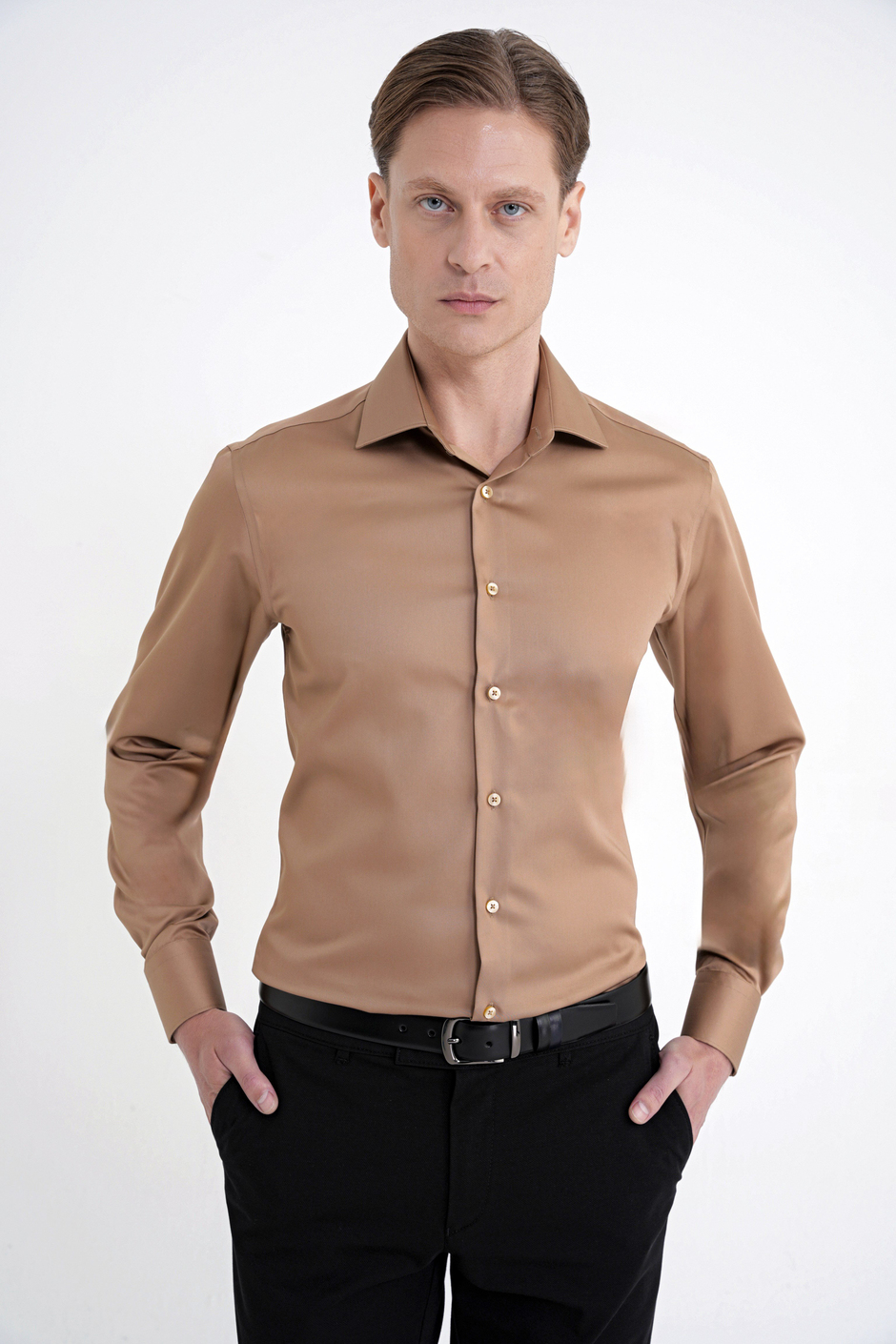 Slim Fit %100 Pamuk Non Iron Kumaş Taba Gömlek Gk 734