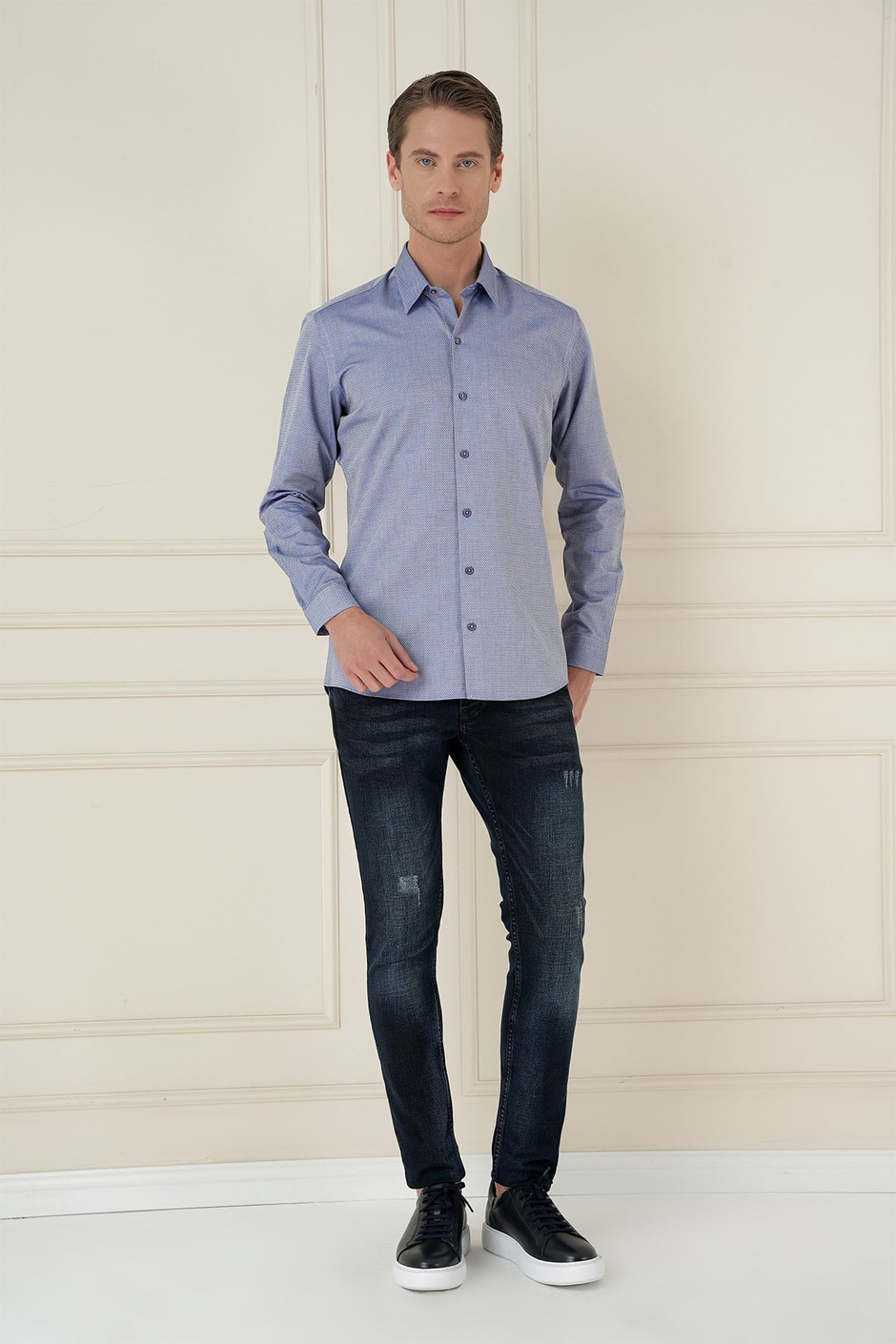 Slim Fit %100 Pamuk Uzun Kol Dokulu İndigo Gömlek  Gk 749