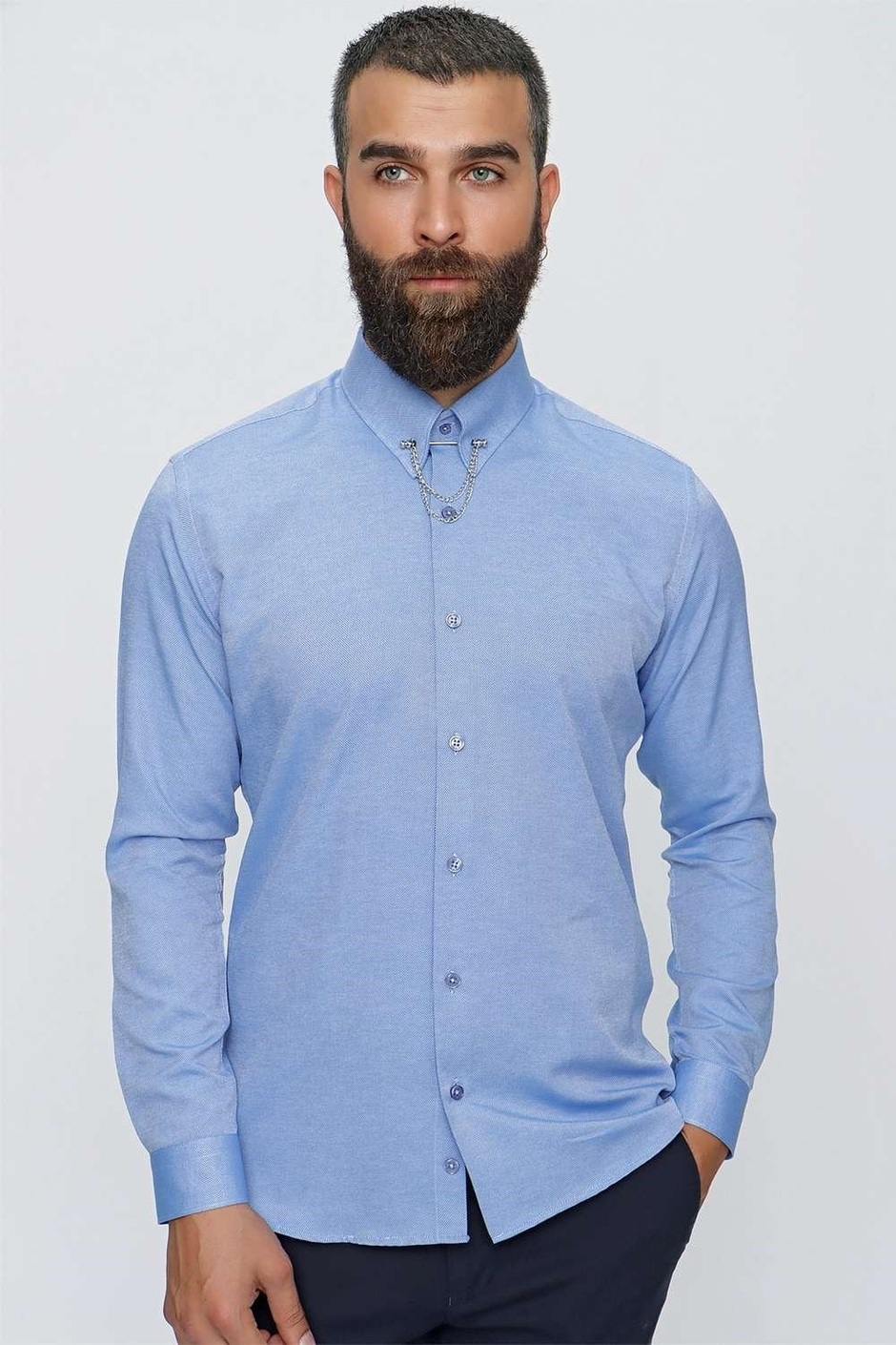 Slim Fit %100 Pamuk Yaka Zincirli Uzun Kollu Mavi Gömlek GK 647