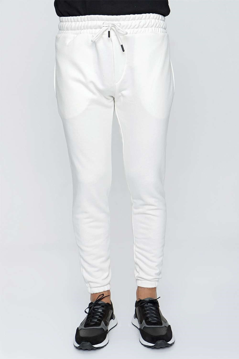 Slim Fit %100 Pamuk Yan Cepli İpli Beyaz Jogger Pantolon ATP 025