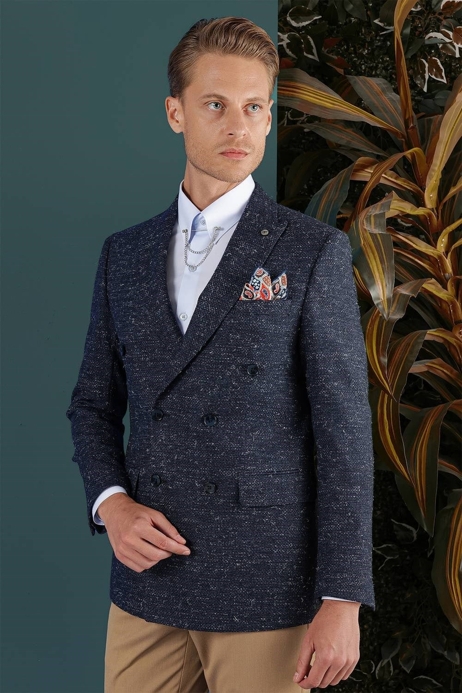 Slim Fit %100 Yün Kırçıllı Dokuma Lacivert Kruvaze Ceket C 654