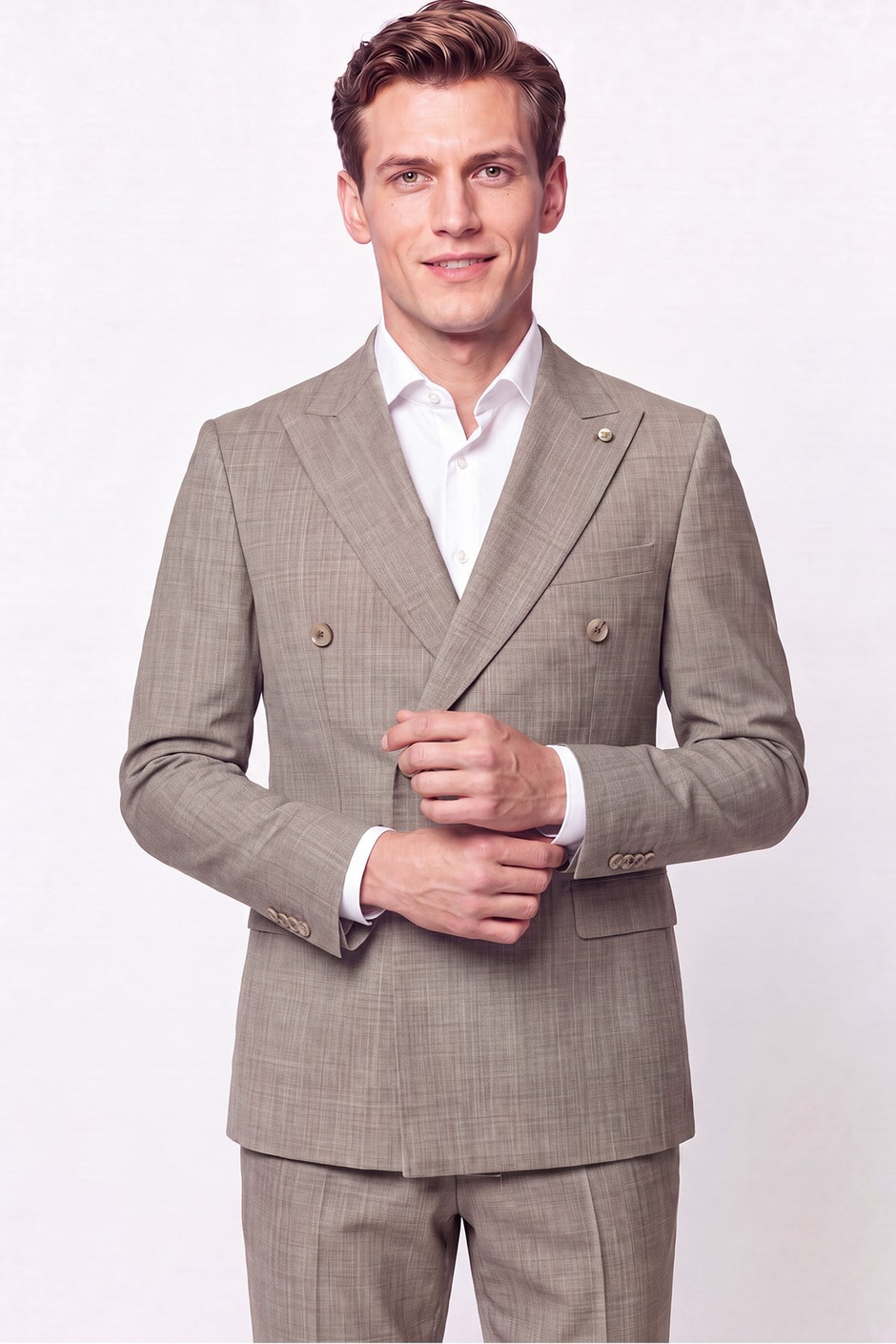 Slim Fit %96 Yünlü Çift Yırtmaç Çizgili Bej Kruvaze Takım Elbise TK 954