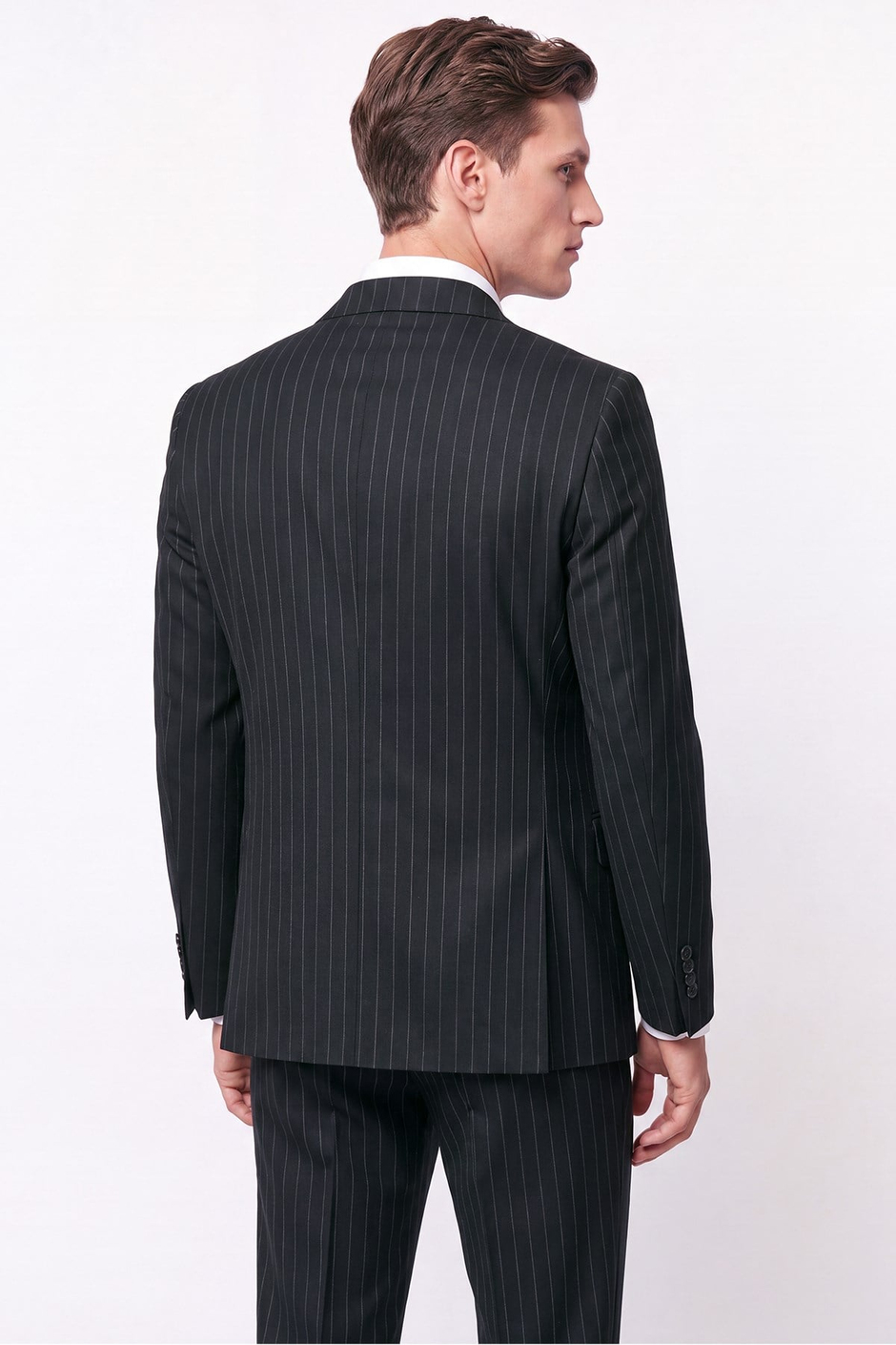 Slim Fit %96 Yünlü Çift Yırtmaç Çizgili Siyah Kruvaze Takım Elbise TK 954