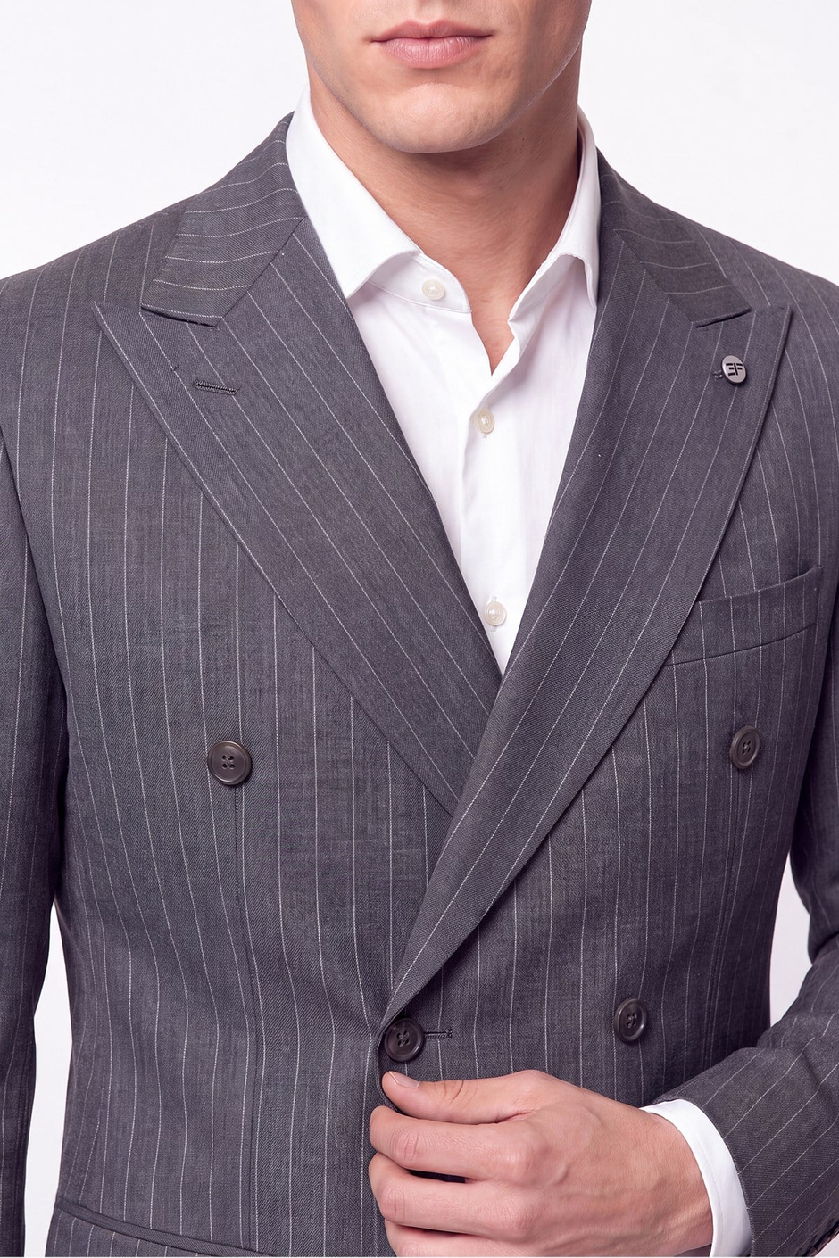 Slim Fit %96 Yünlü Çift Yırtmaç Çizgili Gri Kruvaze Takım Elbise TK 954