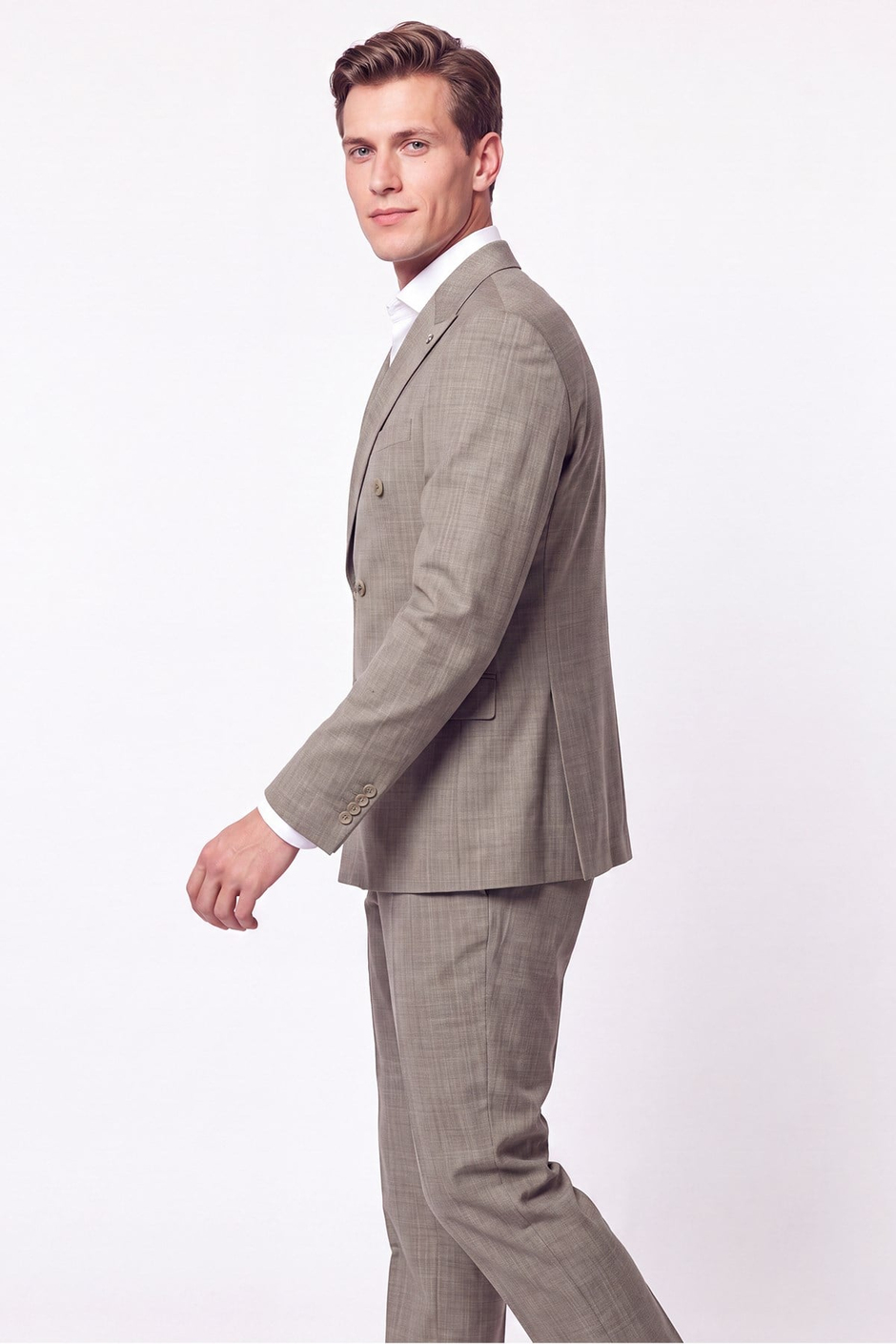 Slim Fit %96 Yünlü Çift Yırtmaç Çizgili Bej Kruvaze Takım Elbise TK 954