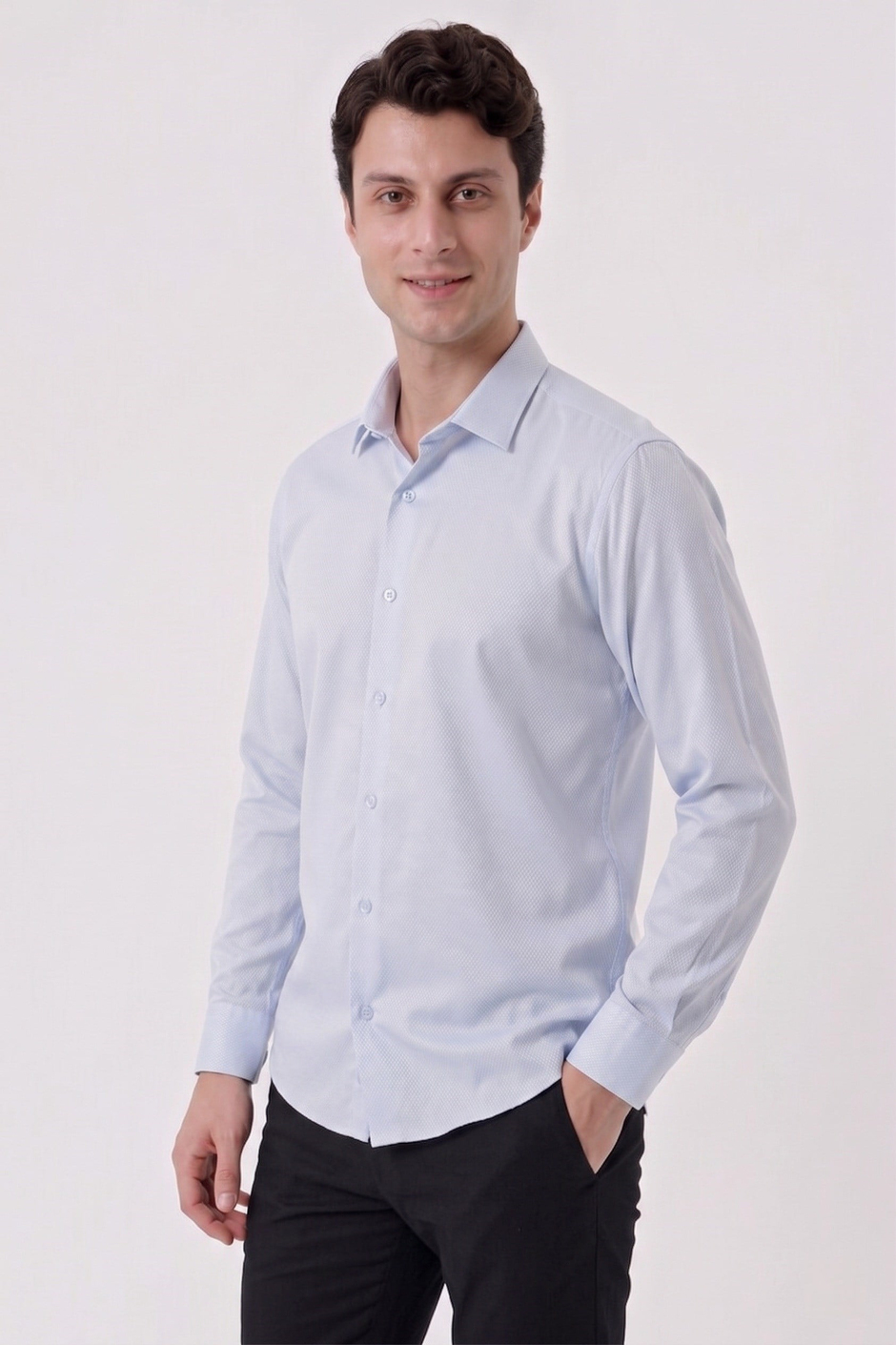 Slim Fit Armürlü Pamuklu Uzun Kollu Mavi Gömlek GK 677