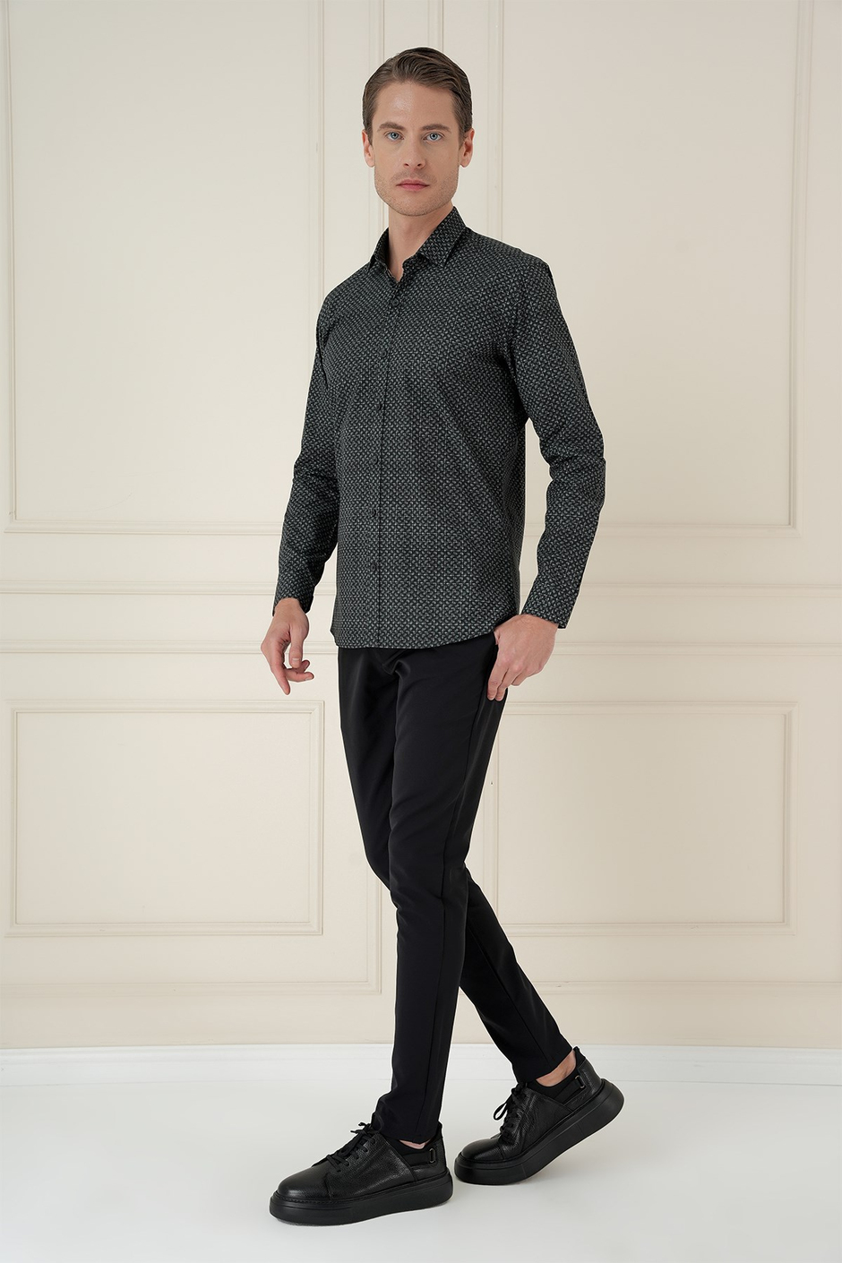 Slim Fit Baskılı %100 Pamuk Spor Lacivert Gömlek  G 1588