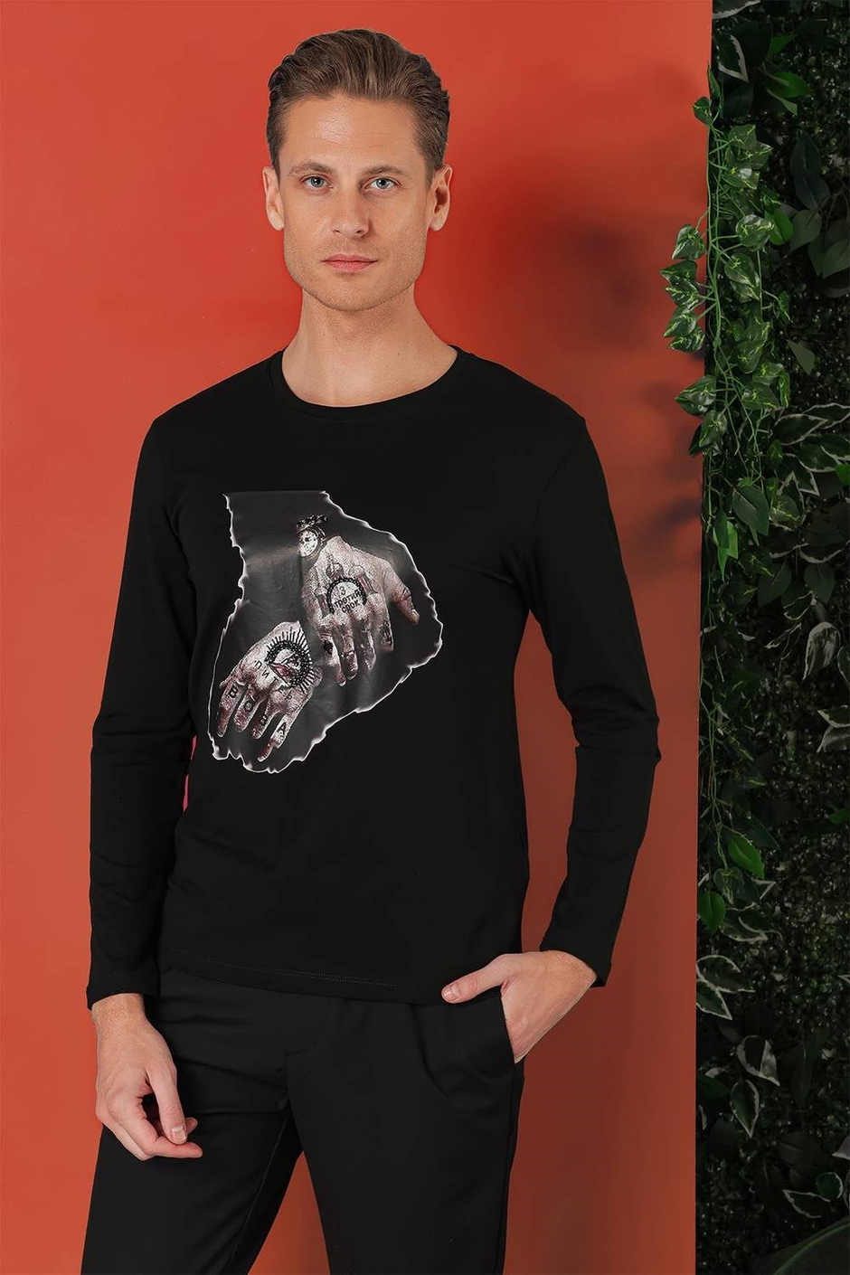 Slim Fit Baskılı Bisiklet Yaka Esnek Pamuk Siyah Tişört Ts 866