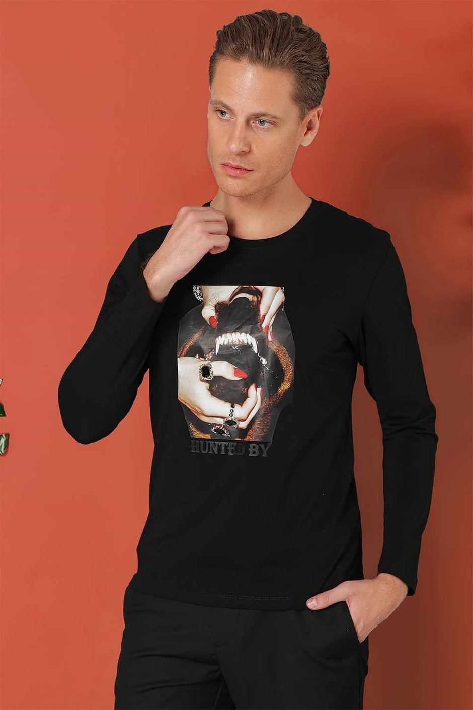 Slim Fit Baskılı Bisiklet Yaka Esnek Pamuk Siyah Tişört Ts 867