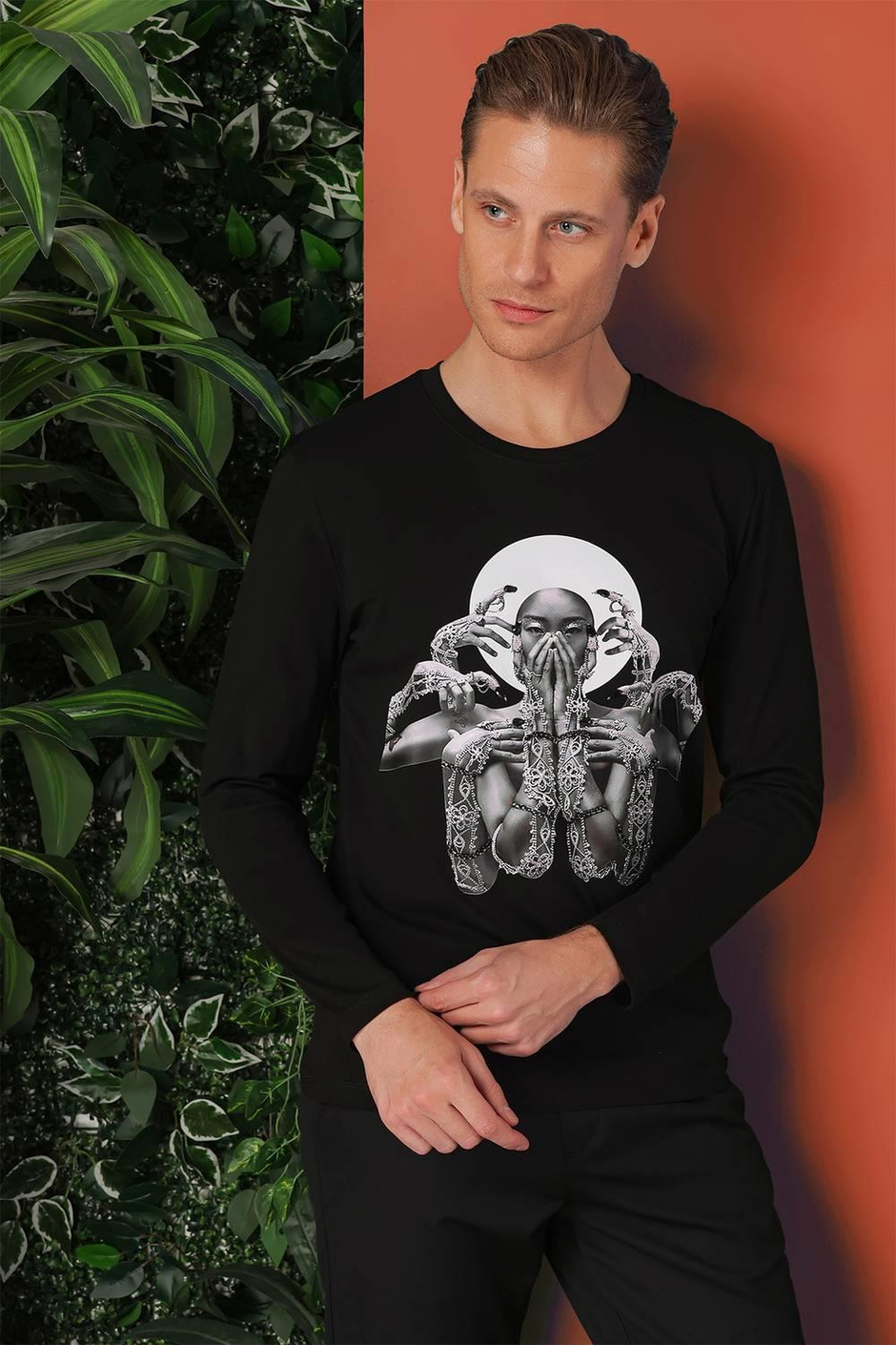 Slim Fit Baskılı Bisiklet Yaka Esnek Pamuk Siyah Tişört Ts 869