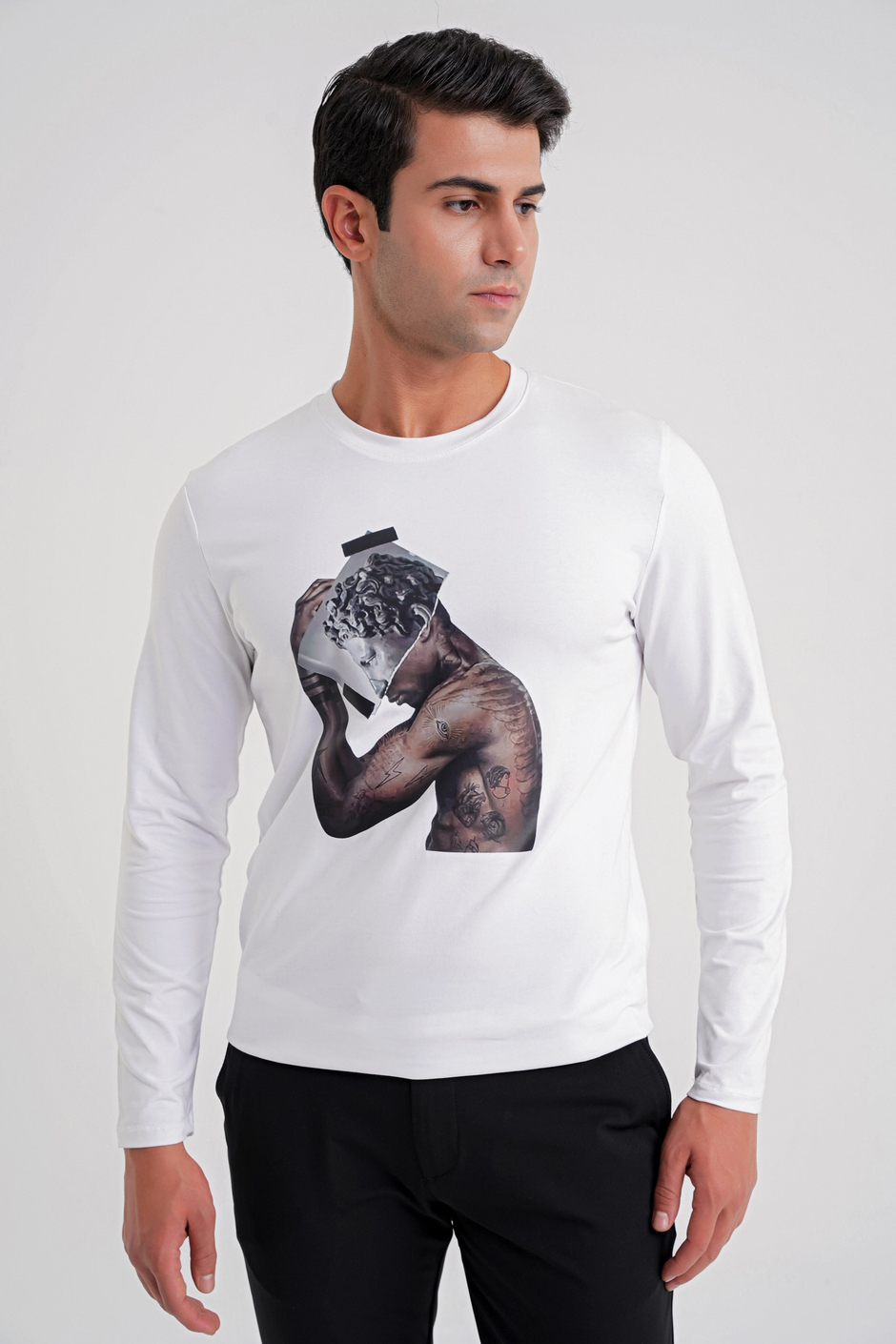 Slim Fit Baskılı Pamuklu Uzun Kollu Beyaz Tişört TS 862
