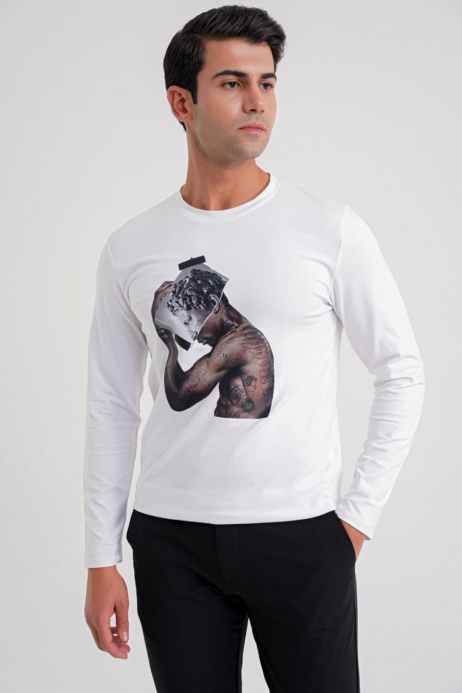 Slim Fit Baskılı Pamuklu Uzun Kollu Beyaz Tişört TS 862