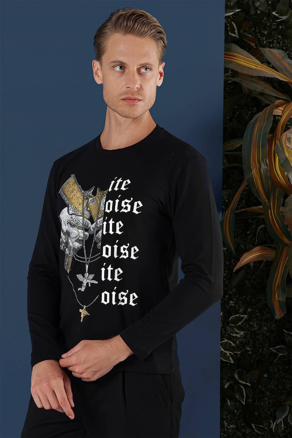 Slim Fit Baskılı Pamuklu Uzun Kollu Siyah Tişört TS 864