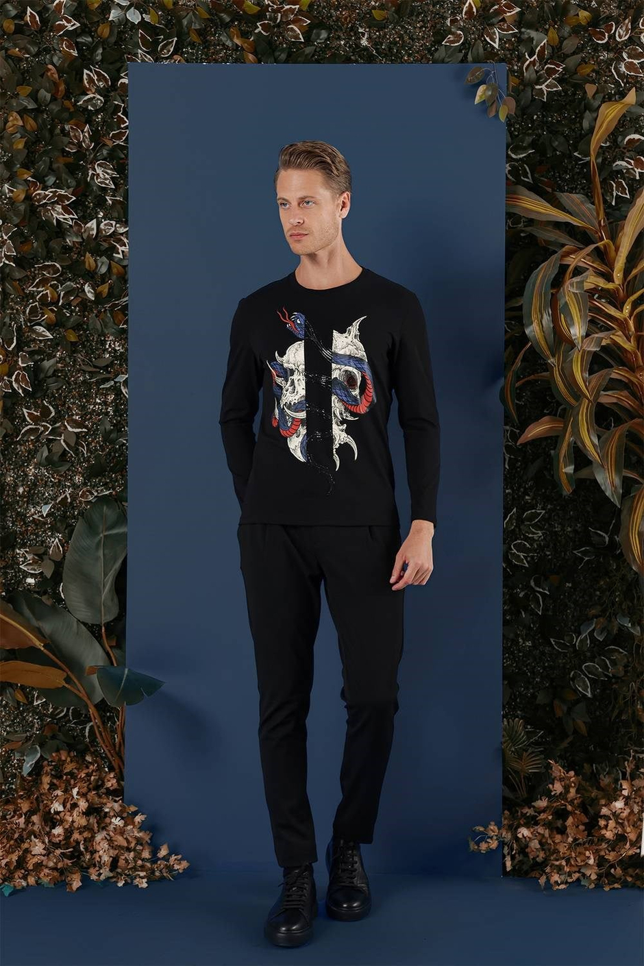 Slim Fit Baskılı Pamuklu Uzun Kollu Siyah Tişört TS 865