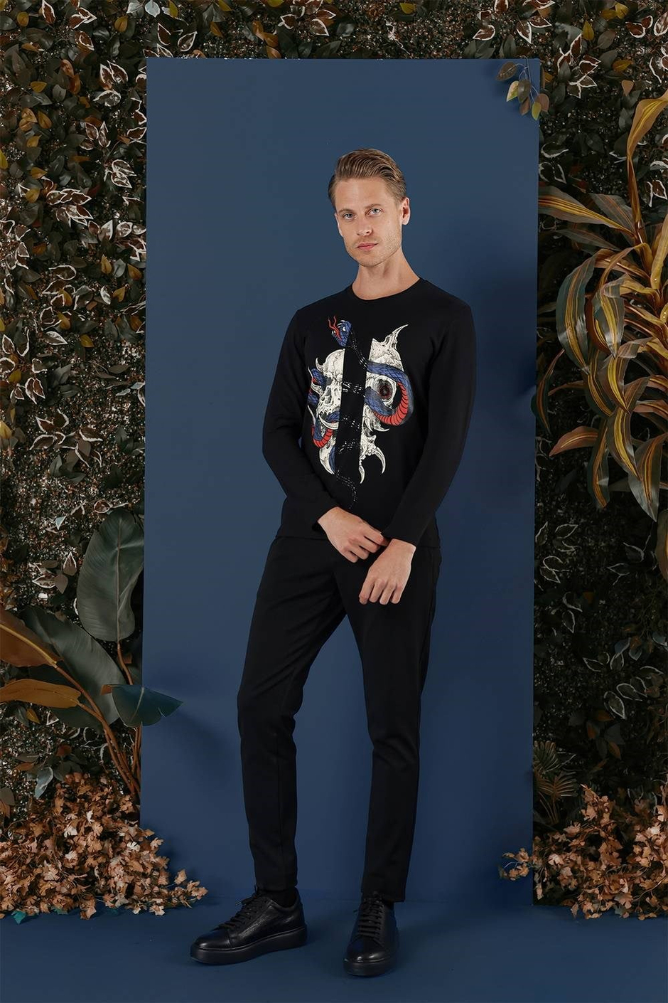 Slim Fit Baskılı Pamuklu Uzun Kollu Siyah Tişört TS 865