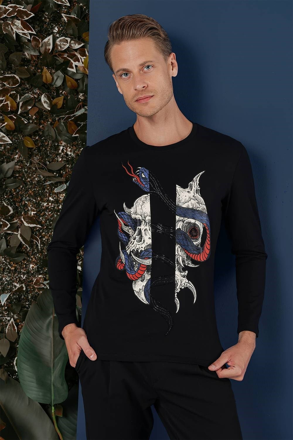Slim Fit Baskılı Pamuklu Uzun Kollu Siyah Tişört TS 865