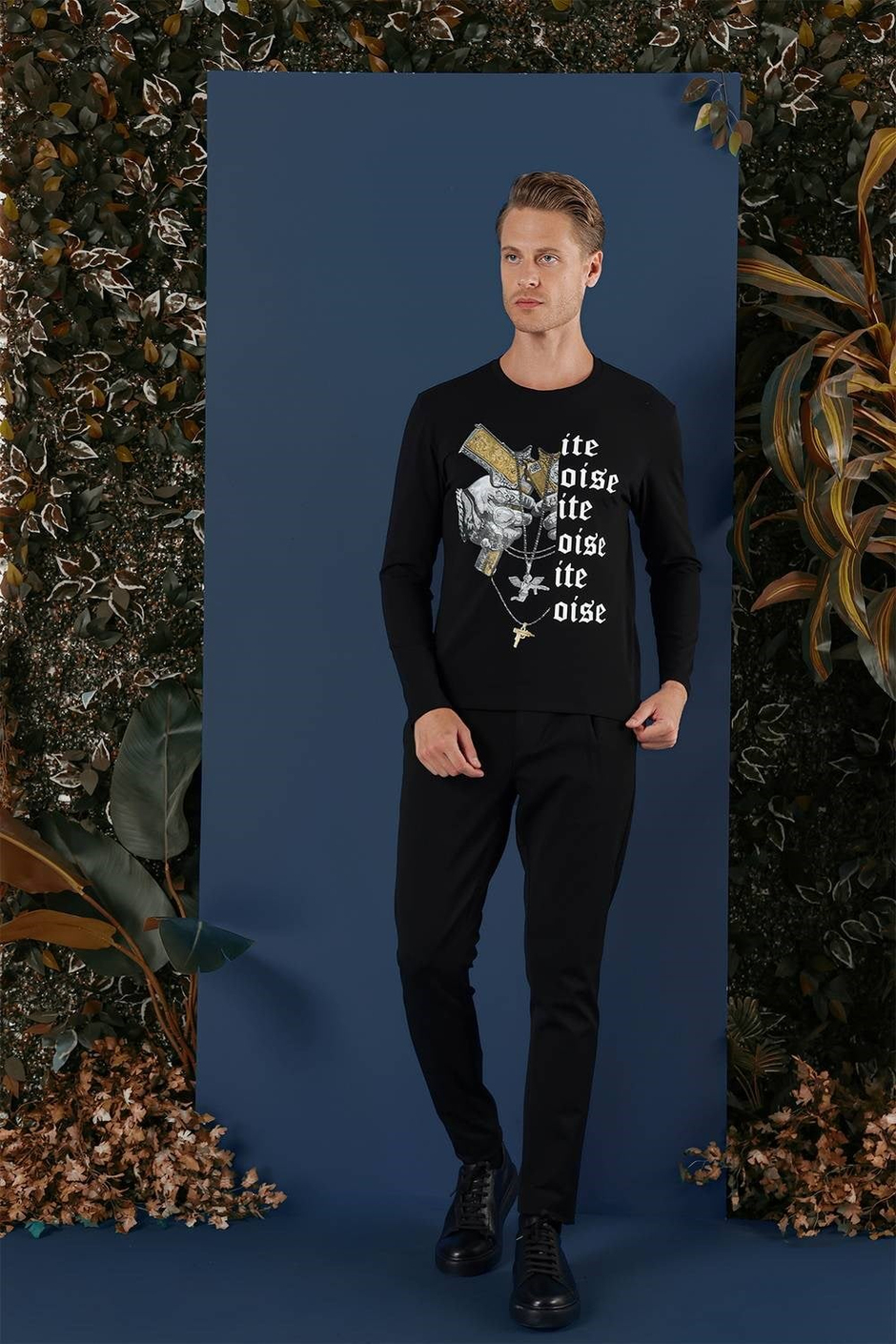 Slim Fit Baskılı Pamuklu Uzun Kollu Siyah Tişört TS 864