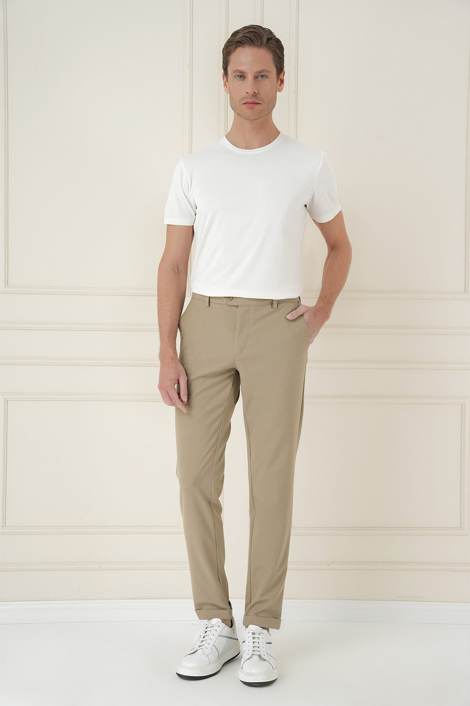 Slim Fit Beli Lastikli Esnek Pamuklu Bej Pantolon P 1171