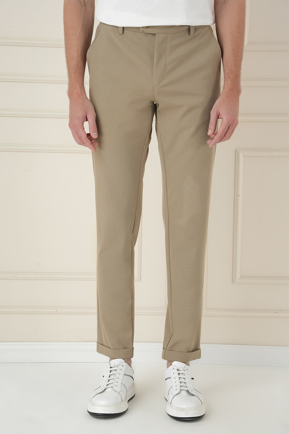 Slim Fit Beli Lastikli Esnek Pamuklu Bej Pantolon P 1171