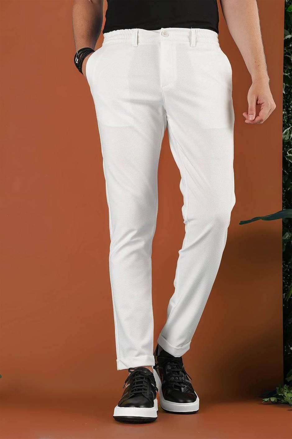 Slim Fit Beli Lastikli Esnek Pamuklu Ekru Pantolon P 1122