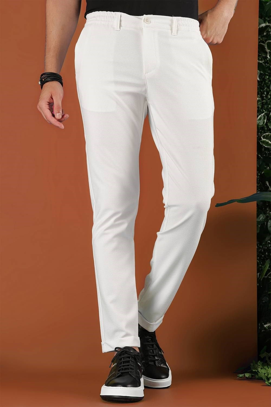 Slim Fit Beli Lastikli Esnek Pamuklu Ekru Pantolon P 1122