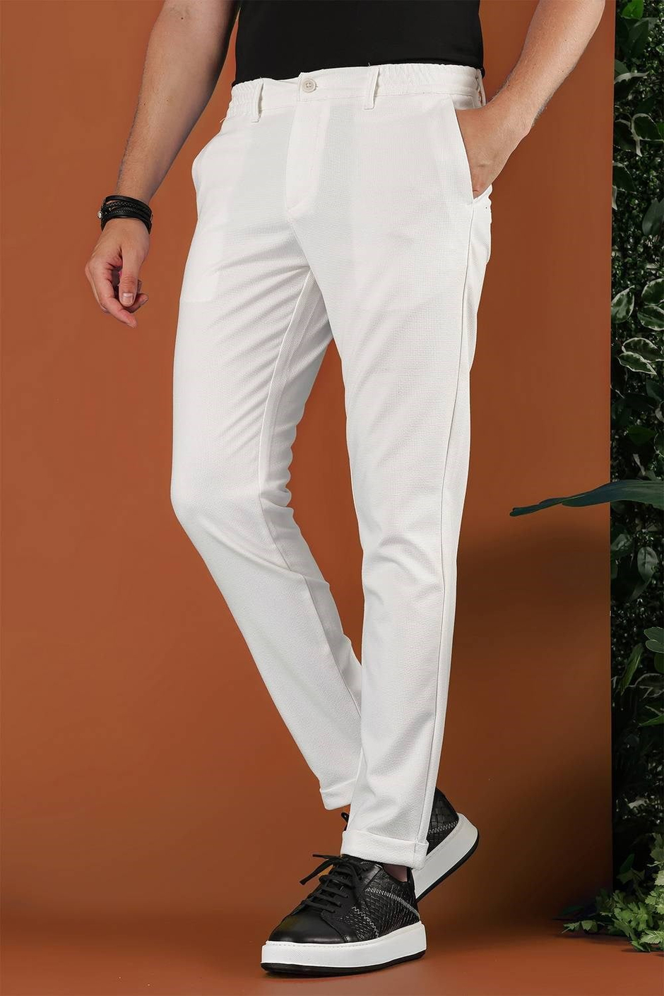Slim Fit Beli Lastikli Esnek Pamuklu Ekru Pantolon P 1122
