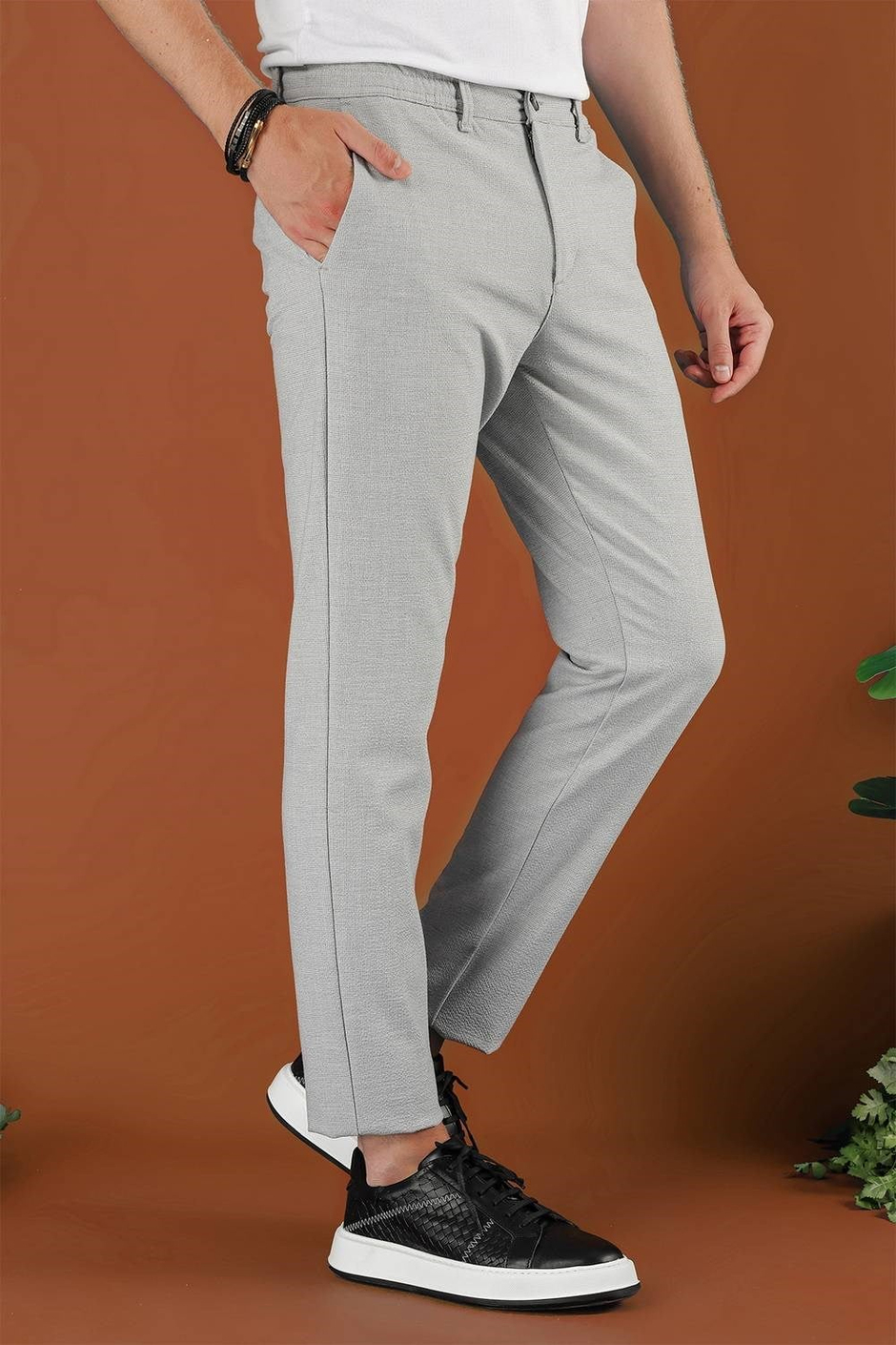 Slim Fit Beli Lastikli Esnek Pamuklu Gri Pantolon P 1122