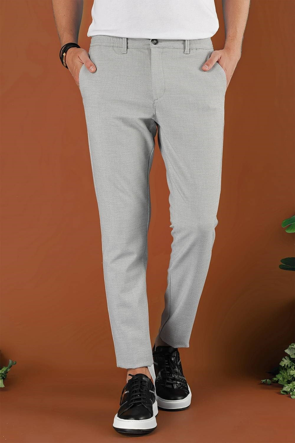 Slim Fit Beli Lastikli Esnek Pamuklu Gri Pantolon P 1122