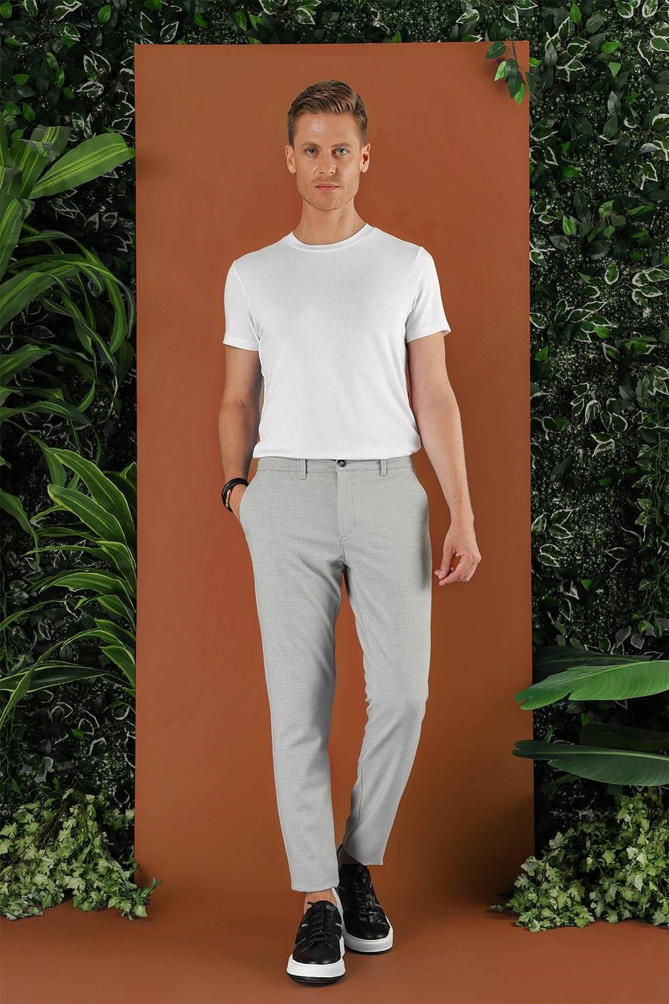 Slim Fit Beli Lastikli Esnek Pamuklu Gri Pantolon P 1122