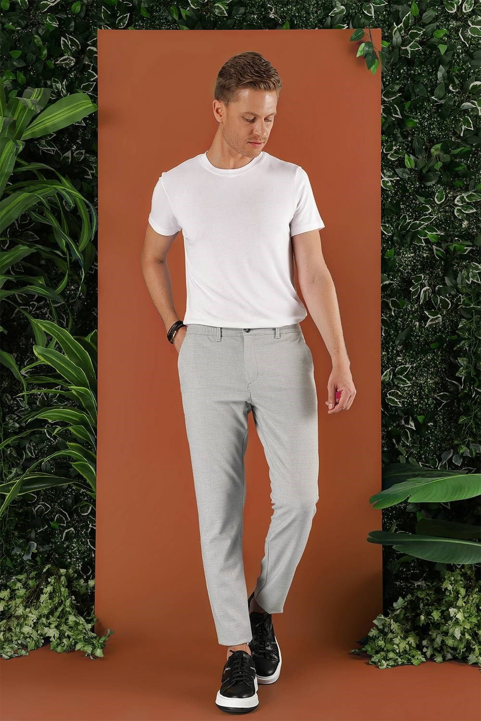 Slim Fit Beli Lastikli Esnek Pamuklu Gri Pantolon P 1122