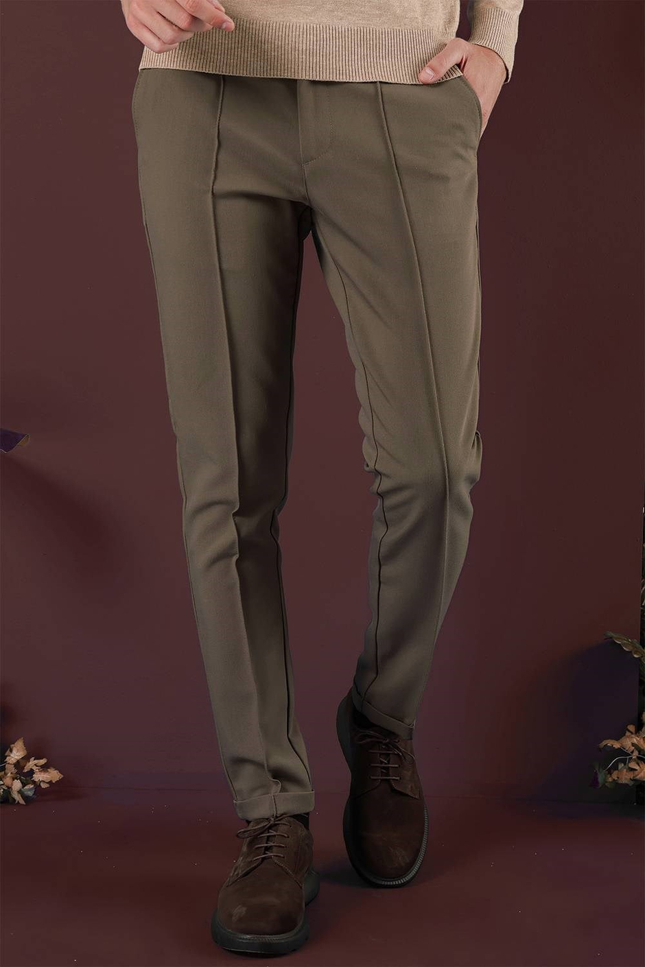 Slim Fit Beli Lastikli Önden Pens Detaylı Esnek Pamuklu Bej Pantolon P 1130