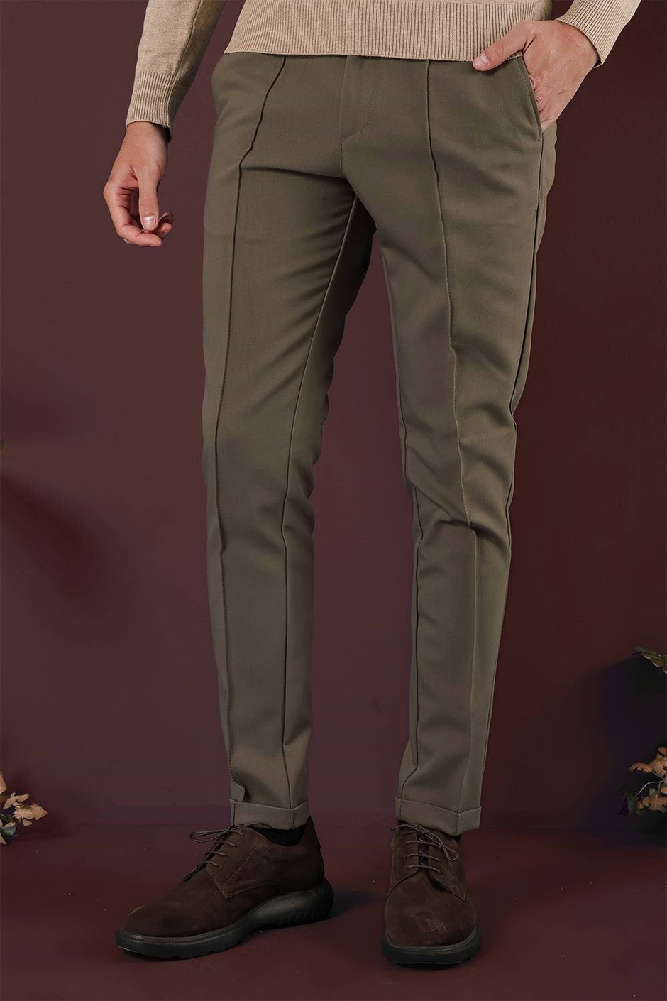 Slim Fit Beli Lastikli Önden Pens Detaylı Esnek Pamuklu Bej Pantolon P 1130