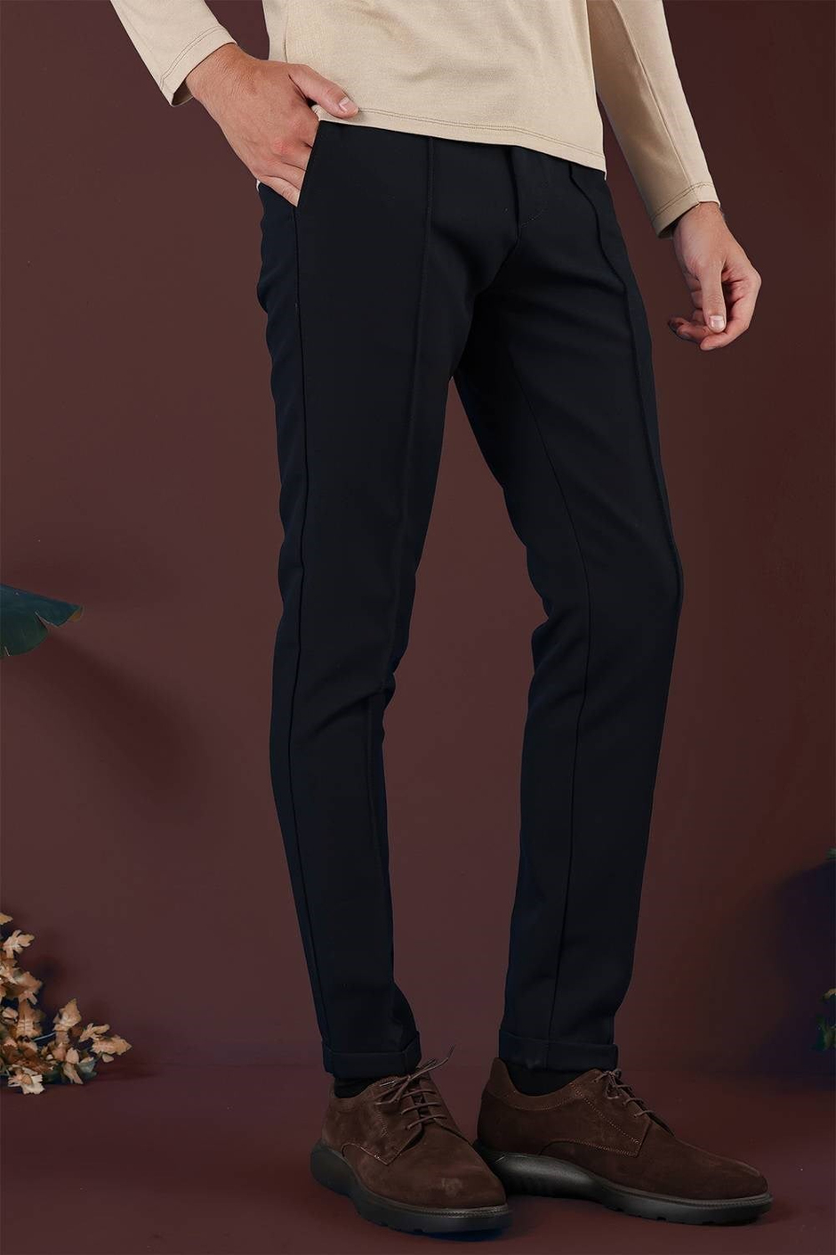 Slim Fit Beli Lastikli Önden Pens Detaylı Esnek Pamuklu Lacivert Pantolon P 1130