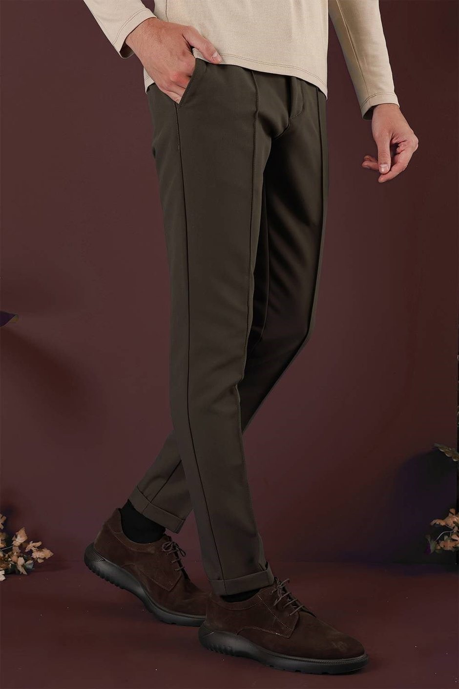 Slim Fit Beli Lastikli Önden Pens Detaylı Esnek Pamuklu Haki Pantolon P 1130