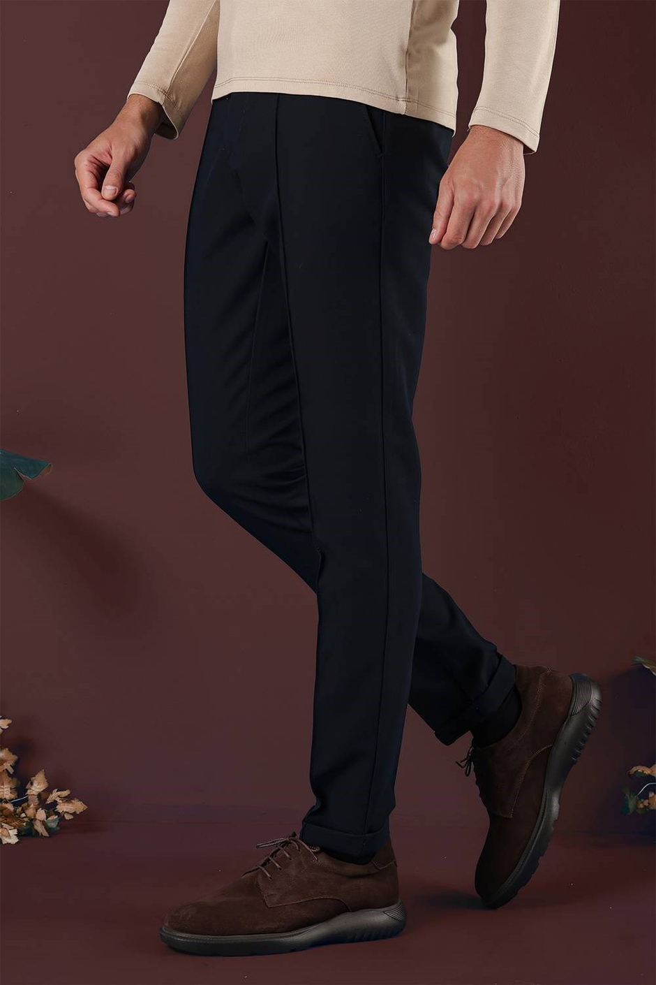 Slim Fit Beli Lastikli Önden Pens Detaylı Esnek Pamuklu Lacivert Pantolon P 1130