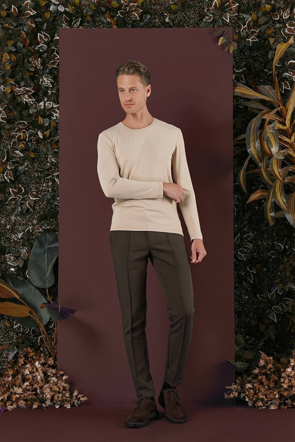 Slim Fit Beli Lastikli Önden Pens Detaylı Esnek Pamuklu Haki Pantolon P 1130