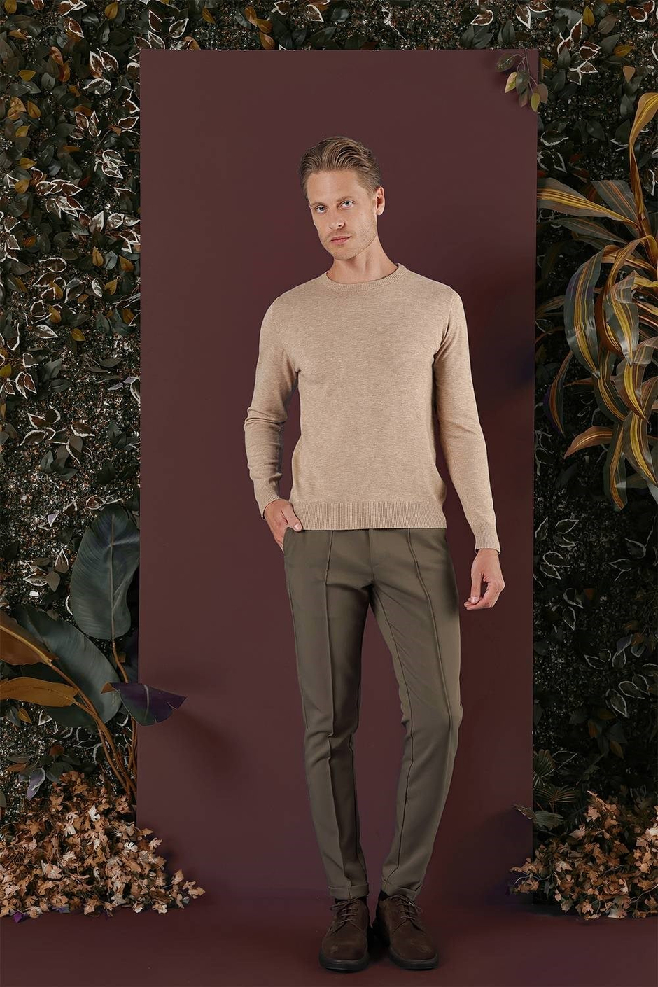 Slim Fit Beli Lastikli Önden Pens Detaylı Esnek Pamuklu Bej Pantolon P 1130