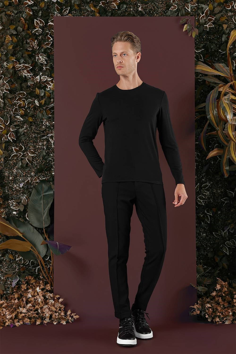 Slim Fit Beli Lastikli Önden Pens Detaylı Esnek Pamuklu Siyah Pantolon P 1130